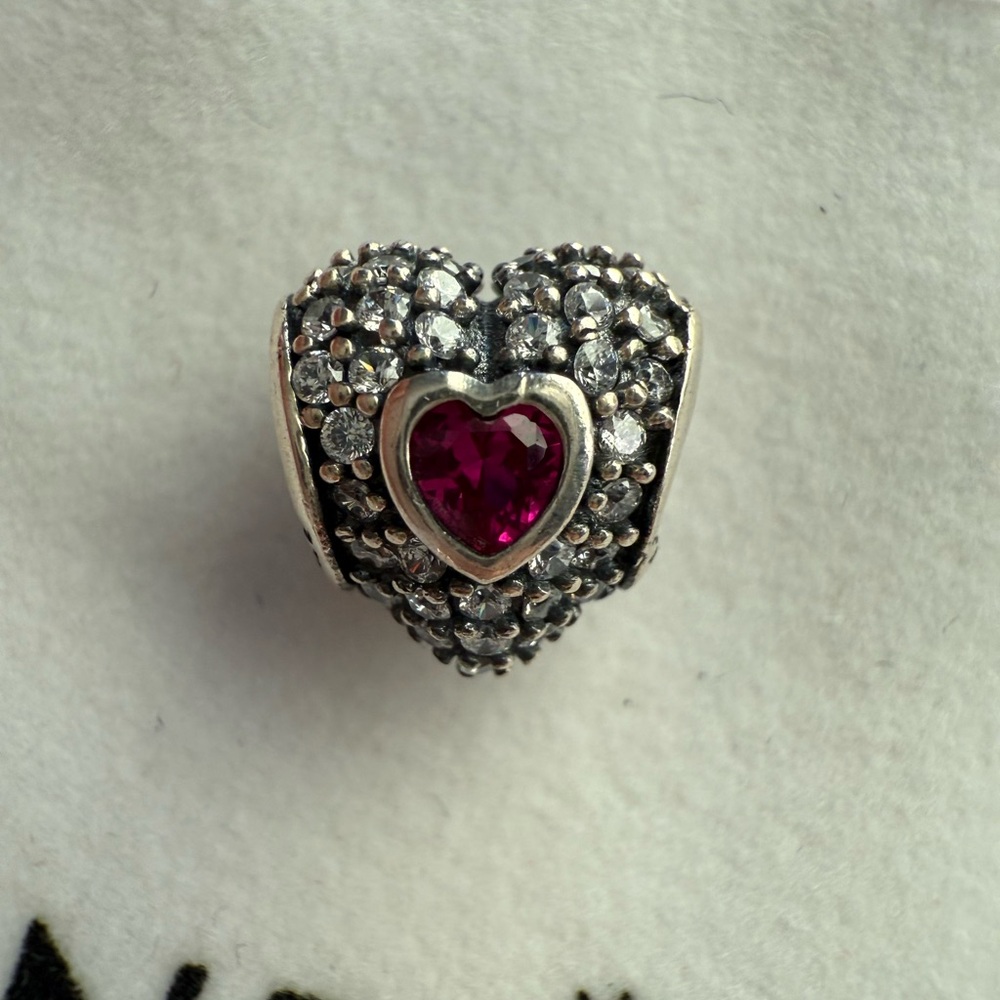 Beautiful Pandora Heart-Shaped Silver and Red Gemstone Charm